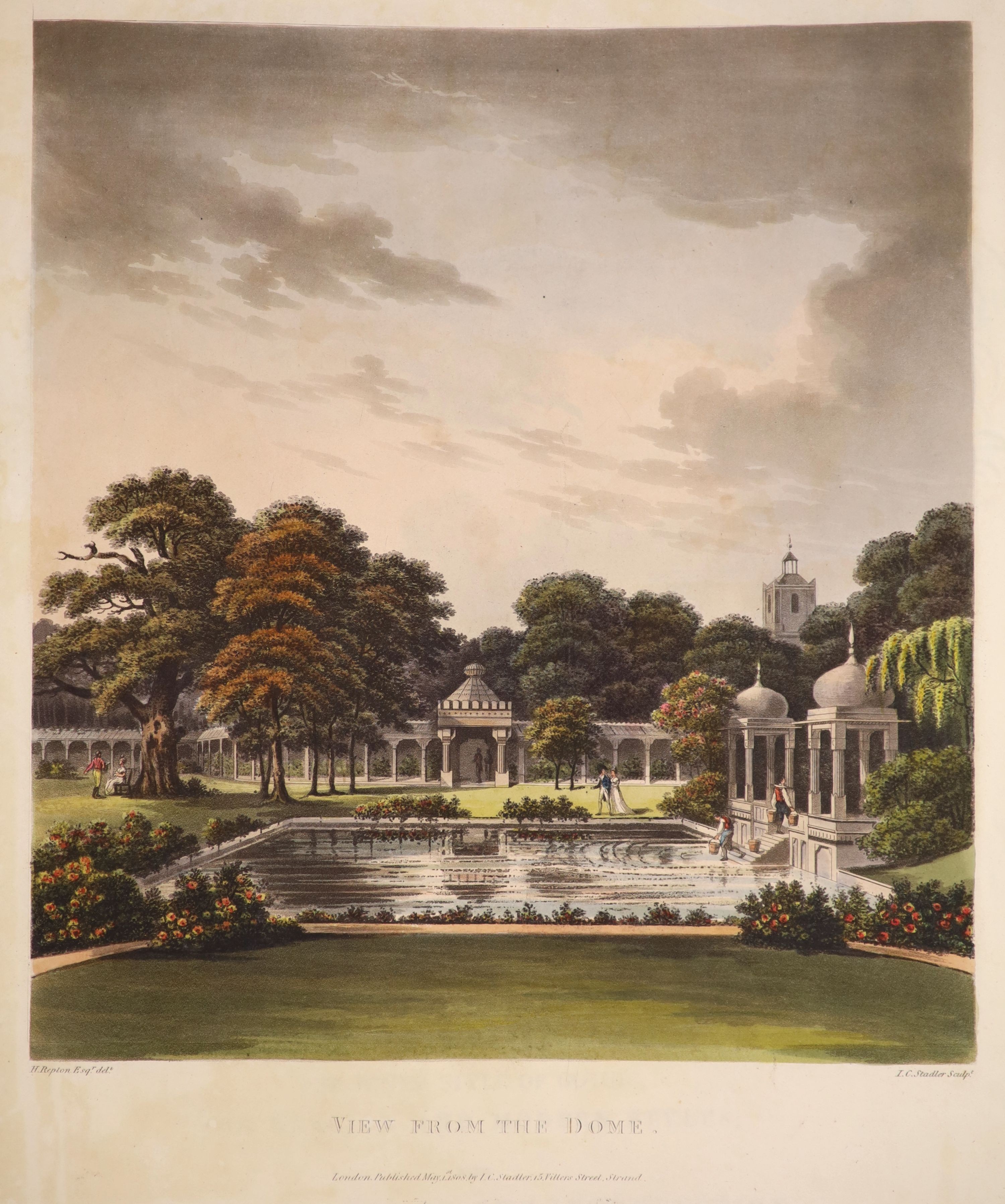 Repton, Humphry; John Aden & G.S - Design for the Pavillon [sic] at Brighton, 2nd issue, folio, rebound half blue morocco, with 20 plates and illustrations, including an engraved hand-coloured general ground plan; compri